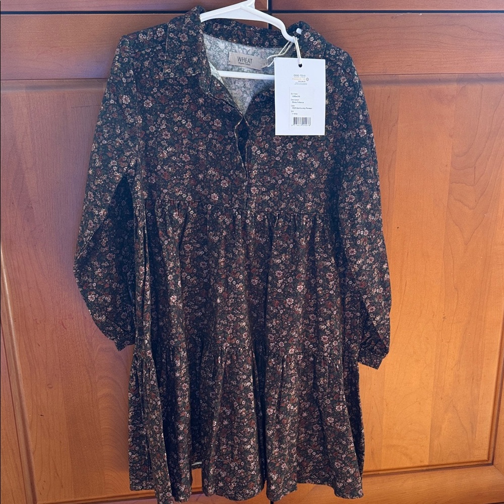 Wheat Floral Long-Sleeve Kids Dress in Dark Green Floral